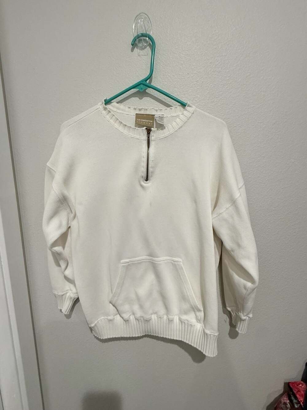 Liz Claiborne Lizwear Vintage White Quarter-Zip Pullover Sweatshirt with Pocket